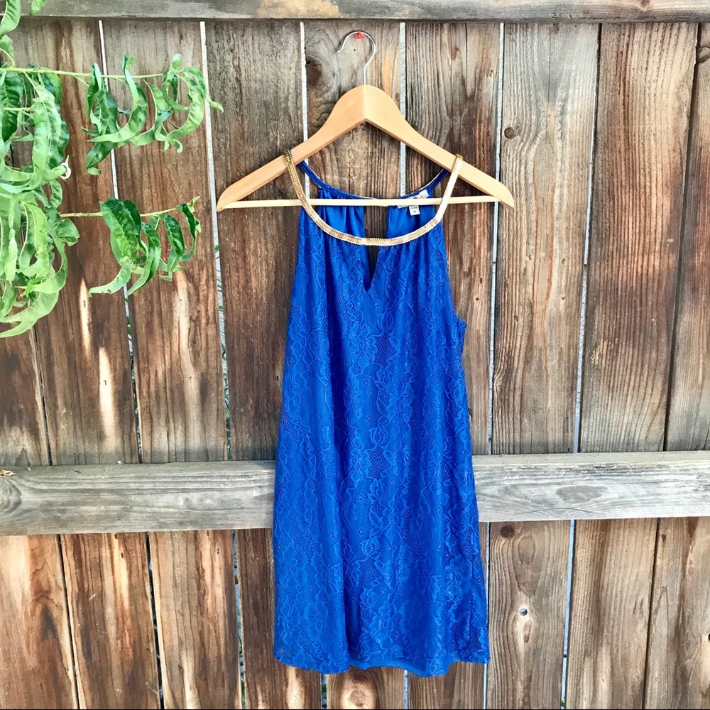 ROYAL BLUE LACE DRESS WITH GOLD DETAILING